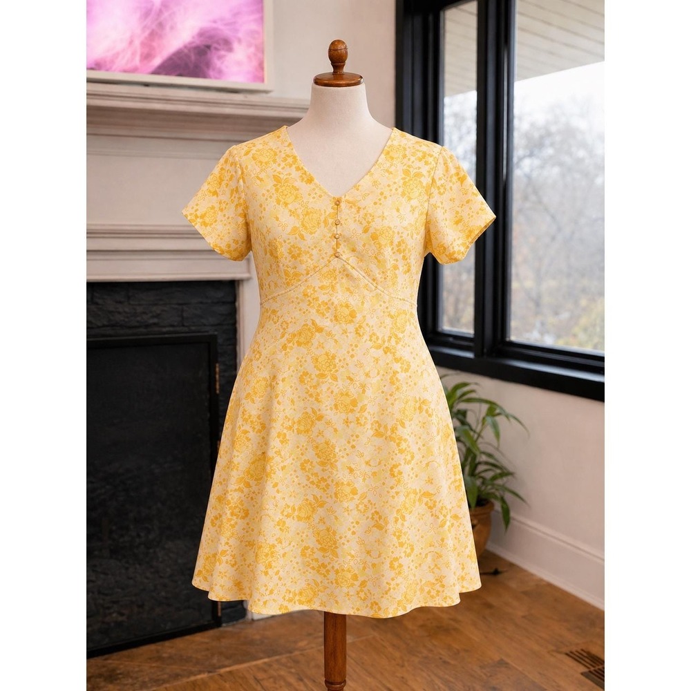 Vintage 60s Yellow Floral Mod Dress • A-Line Empire Waist Midi Retro Style
